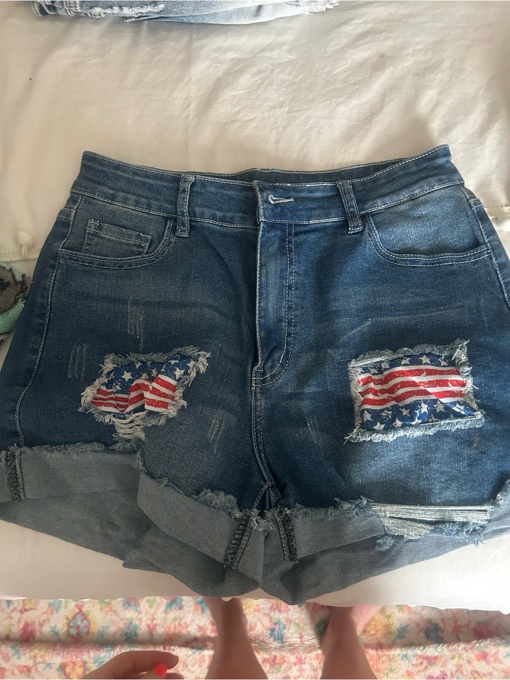 High-Rise Distressed Denim Shorts with American Flag Patch - Blue